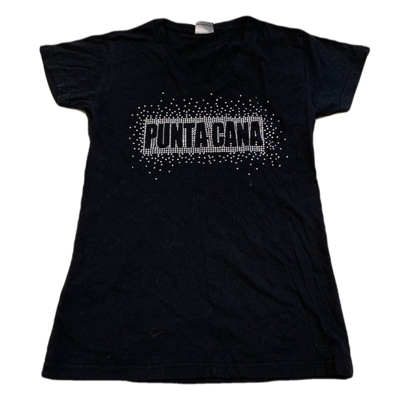 Ocean Dreams Tops - Ocean Dream Black Punta Cana Rhinestone Embellished V-Neck T-Shirt - Small